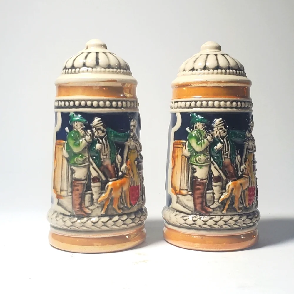 VINTAGE German Ceramic Beer Stein Shaped Salt & Pepper Shakers Hand Painted  EUC